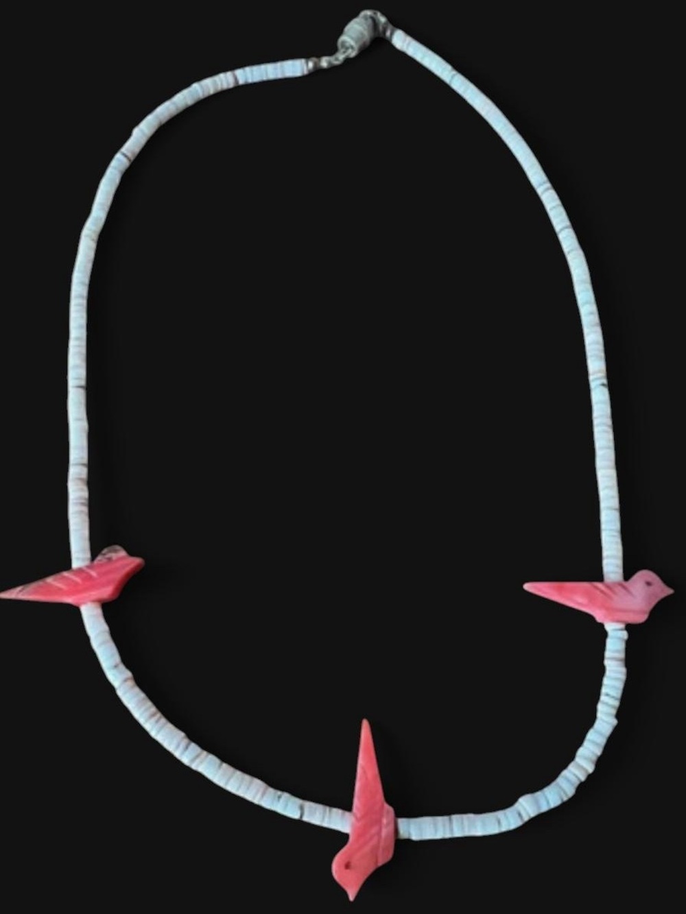 Vintage Southwestern-style shell heishi pink bird fetish necklace
